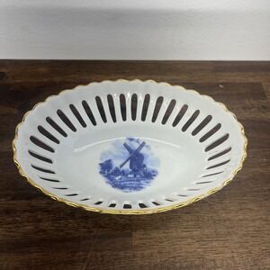 Vintage Trinket Dish, Royal Tri Ever Blue Windmill Porcelain Hand Painted Gold